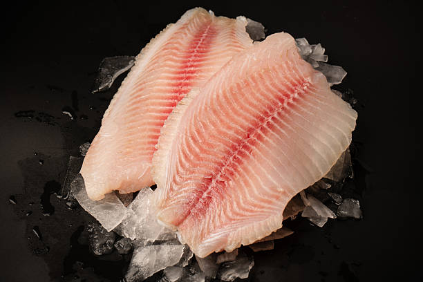 istock Fresh tilapia fillet on ice on black background 2216261641