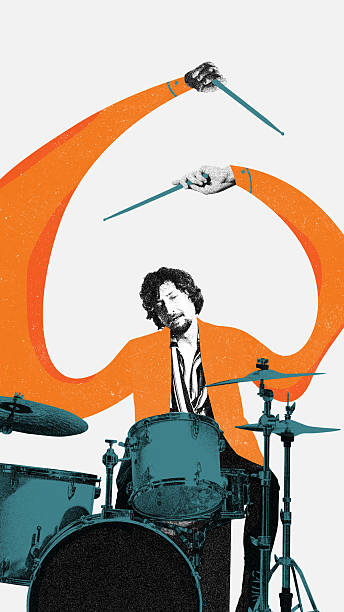 Man drumming with oversized orange arms in white background and teal drums.