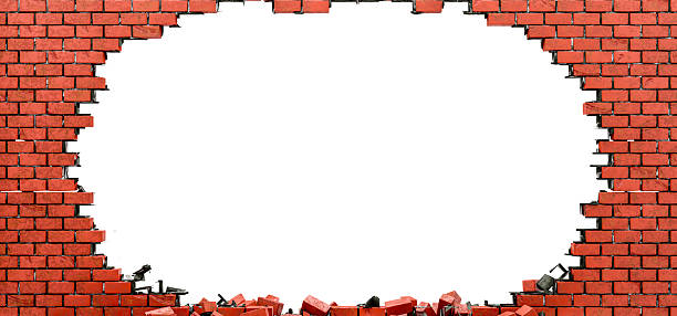 istock Many flying and falling brick walls. Cracks on brick wall. Destruction.. Brick wall destruction on black background. Brick explosion background 3d render 2216267144