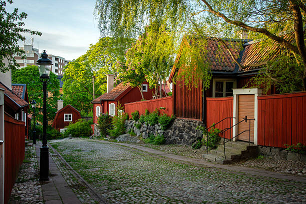 Old red wood homes, Sodermalm district, Stockholm, Sweden