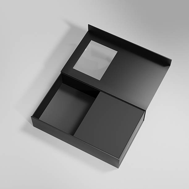 istock luxury paper box packaging mockup, black gift box with window display, rigid paperboard rectangular packaging, square shape cardboard box with clear pvc window, elegent perfume packaging 2216269720