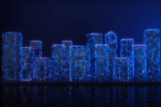 istock Blue Wireframe Skyscrapers in Futuristic Cityscape 2216272364