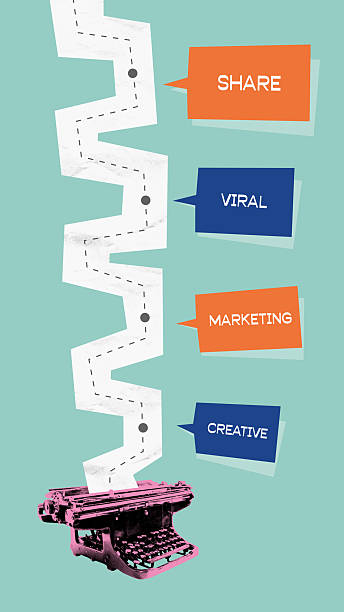 istock Contemporary art collage. Zigzag paper path from typewriter marked with SHARE VIRAL MARKETING CREATIVE shows journey of content from idea to impact. 2216274927