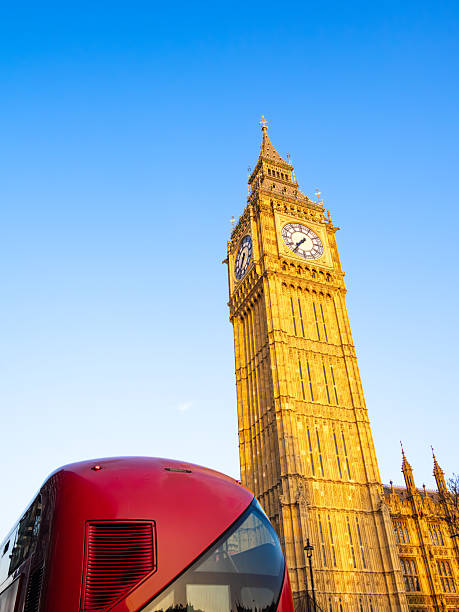 Big Ben and a red double-decker bus under a clear blue sky in London.