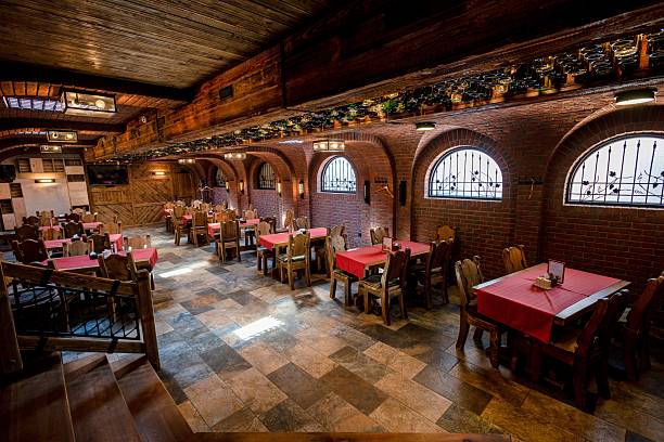 istock Inside view on restaurant, pub vintage wooden interior 2216276236
