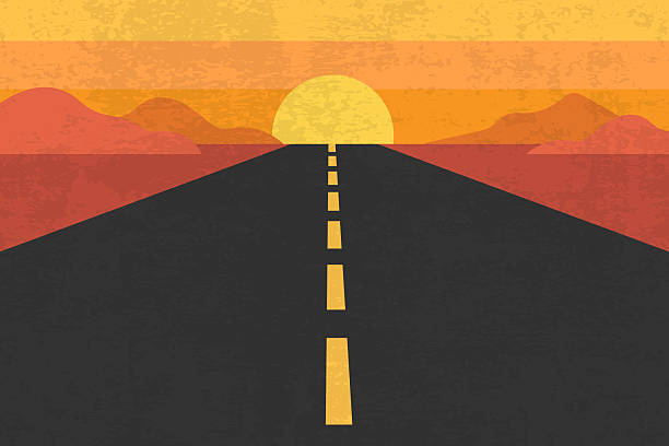 View on the desert road from. Desert road landscape scenery with sunset sky. Vintage design vector illustration in flat style