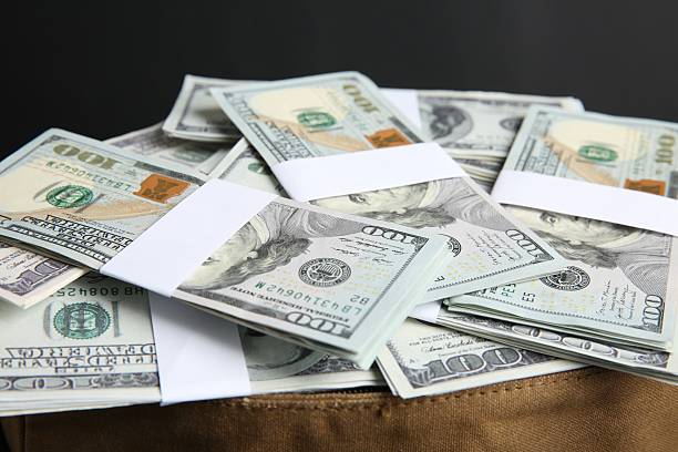 istock Dollar banknotes in bag on black background, closeup 2216281570