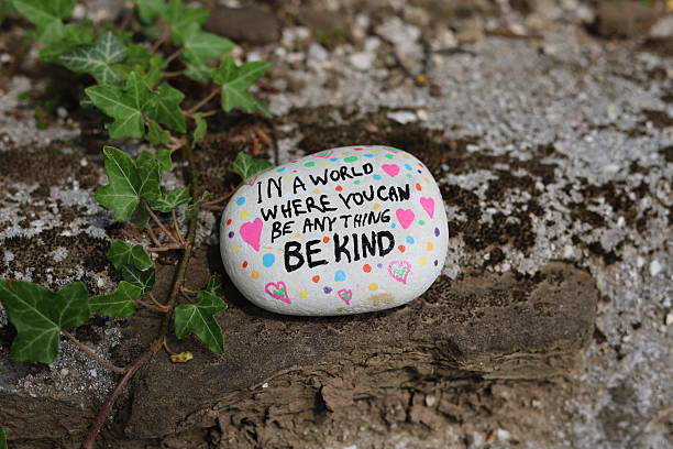istock Mossy stone with vine and be kind kindness rock 2216286968