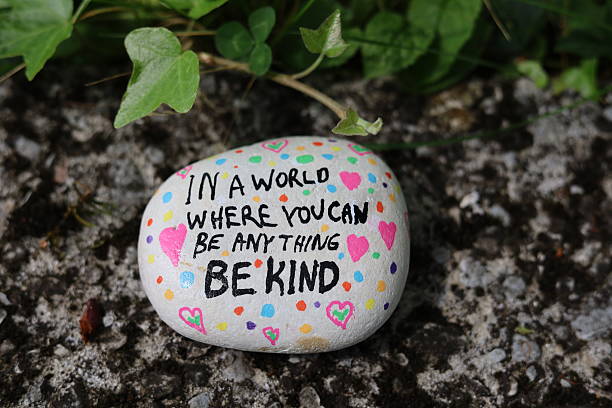 istock Old stone surface with vine plant and be kind kindness rock 2216287223