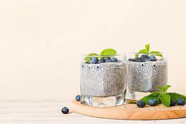 istock Healthy breakfast or morning with chia seeds vanilla pudding and blueberry berries on table background, vegetarian food, diet and health concept. Chia pudding with coconut milk and blueberry 2216292742