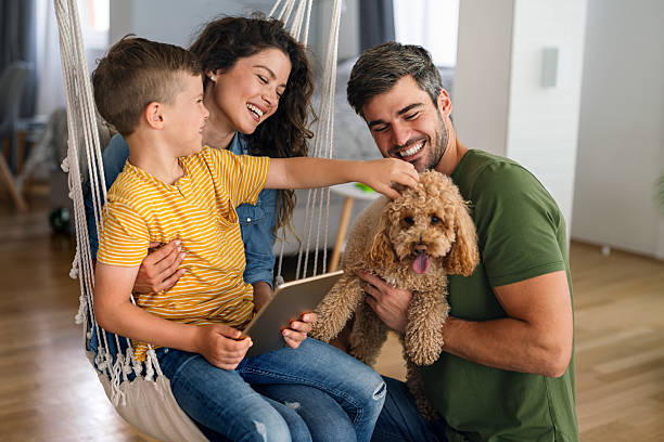 istock Parents and child relaxing at home with computer watching funny internet video, making online call 2216297075