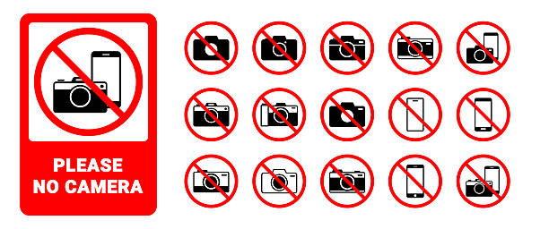 No Photos, No camera vector design, Isolated Red No Photography allowed icon symbol collection on white background for Decoration, Web banner, Business, Prohibited illustration.
