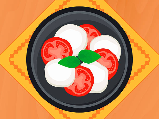 illustrazioni stock, clip art, cartoni animati e icone di tendenza di insalata caprese con mozzarella e pomodoro su un piatto illustrazione vettoriale con vista dall'alto - mozzarella