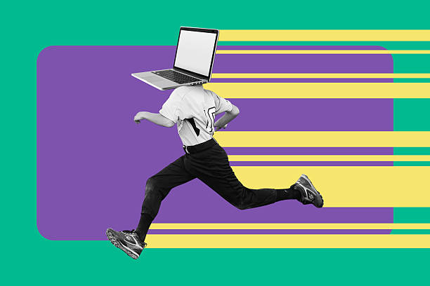 Running person with laptop head, fast computing concept. Internet connection and computer processor speed. Artificial intelligence working fast. Retro pop art and digital collage.