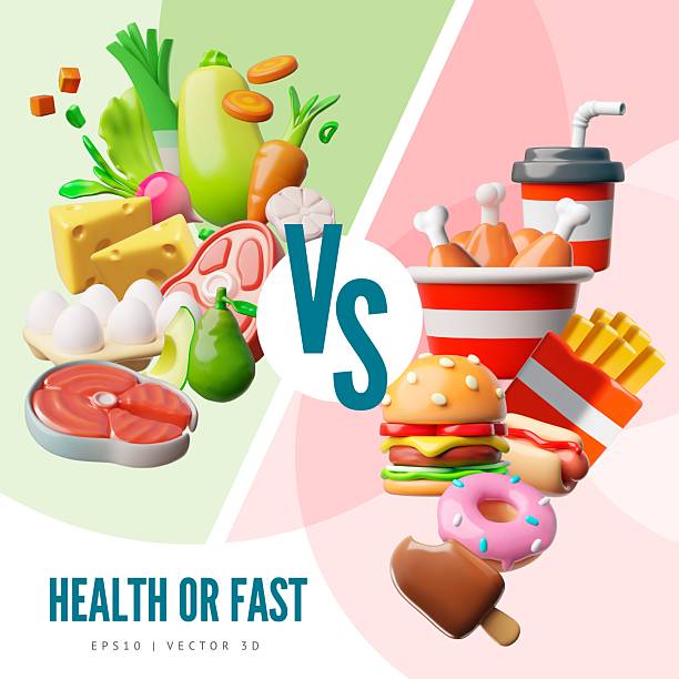 istock 3D vector poster comparing healthy food vs. fast food. 2216324433