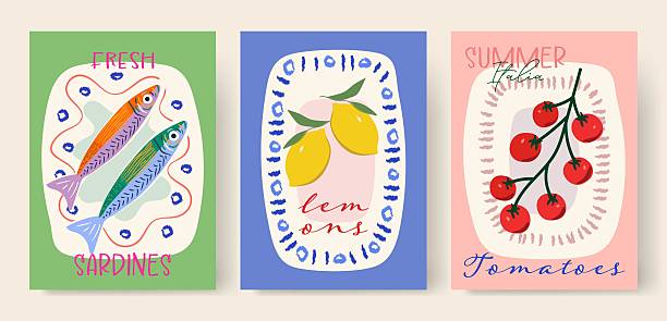 Modern abstract summer poster in sketch doodle style with hand drawn. Trendy design for cards, wall art, ads, print, decor, branding. Amalfi, Italian sea coast hand drawn icons. Summer sea vacation.