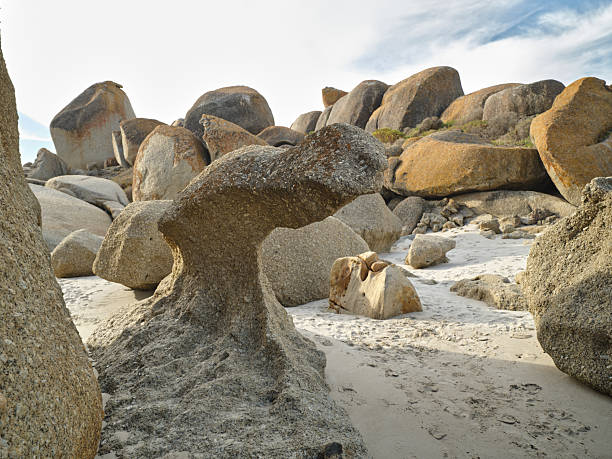 Natural scene showcasing unusual rock formations nestled on a beach with fine sand, likely shaped over time by nature's forces, under an expansive and vivid, partly cloudy sky.