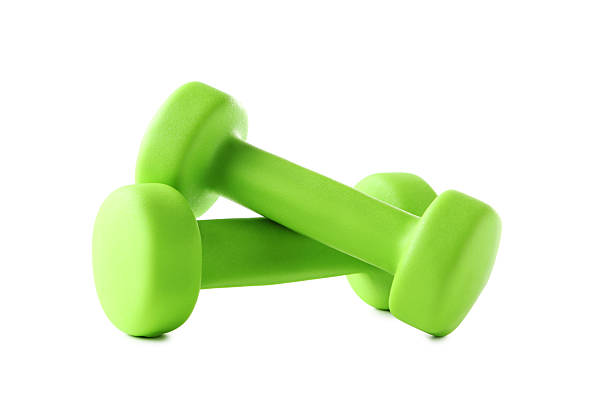 istock Green dumbbells isolated on white background 2216326066