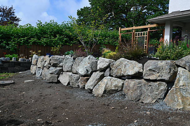 Home and garden landscaping project in progress for complete overhaul of front yard landscape design