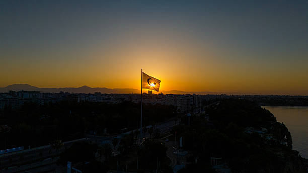 The Turkish flag fluttering in the morning light