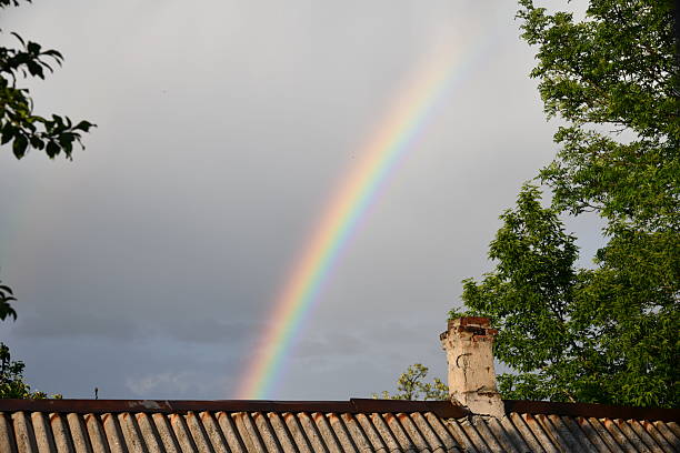 The end of a rainbow with a field in the foreground