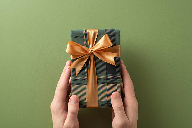 istock A pair of hands holding a plaid patterned wrapped gift box tied with a golden ribbon, placed against a green background, symbolizing celebrations, giving presents, and special occasions 2216334877