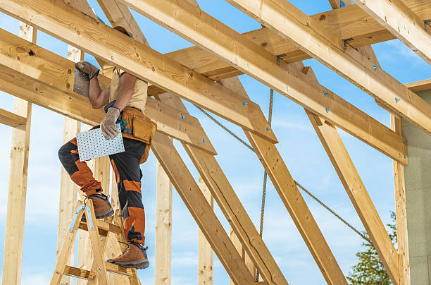 istock Construction Worker on Ladder Assembling Wooden Beams in Bright Daylight During Home Renovation Project 2216337322