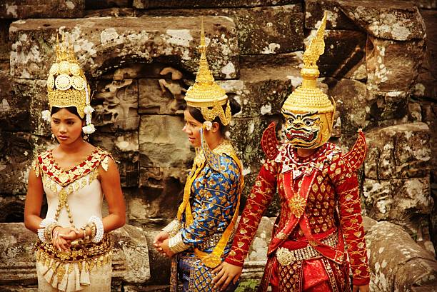 Traditional famous Cambodian dance Apsara. Dancers in traditional costumes. Cambodia, Siem Reap 2019-12-27.