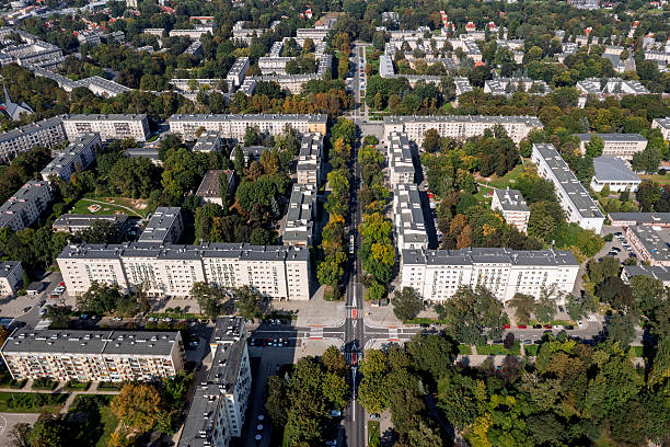 Apartment buildings and trees from above