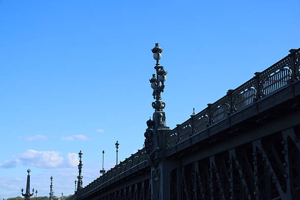 A stunning view of a historic bridge against a blue sky, showcasing intricate architectural details