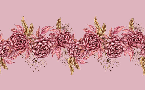 Roses and feathers pattern horizontal on pink background watercolor Rose maroon and dried flowers and feathers watercolor illustration. Halloween or Day of the Dead botanical decoration. Isolated on pink background. Gothic design. Pattern horizontal, ribbon, border clip art of a dead rose stock illustrations