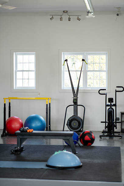 Bright and organized home gym interior featuring workout equipment including weights, exercise balls, and machines. Ideal for promoting personal fitness, wellness, and an active lifestyle in a sleek and functional setting.