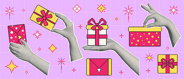 istock Halftone hands holding pixel art gifts boxes collage. Holiday vintage sale elements. Cutout hand receiving gift. Happy birthday, anniversary and retro Christmas party concept. Vector illustration 2216353522