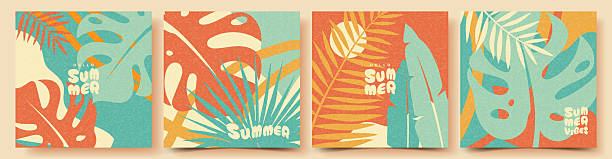 Abstract summer vacation bright card set with tropical leaves. Creative concept for celebration, ads, branding, banner, cover, label, poster, sales. Modern vector art design templat.