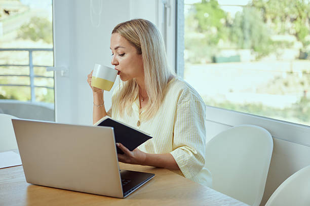 istock Woman Working Remotely with Laptop and Notebook in a Bright Home Office 2216360965