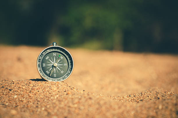 istock Weathered compass rests on a sandy landscape, marking an adventurous journey. 2216370372