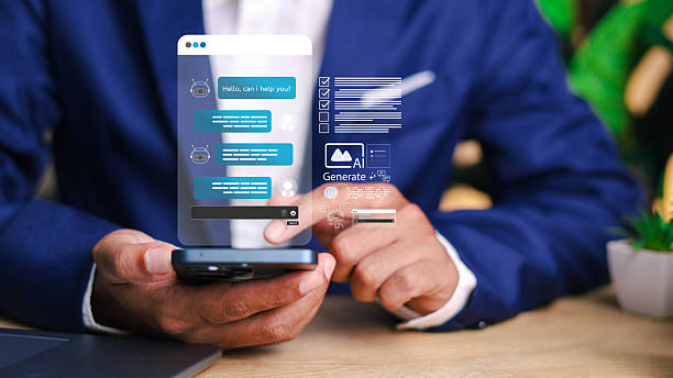 istock Chat with AI or Artificial Intelligence. Young businessman chatting with a smart AI or artificial intelligence using an artificial intelligence chatbot developed by OpenAI. 2216390860