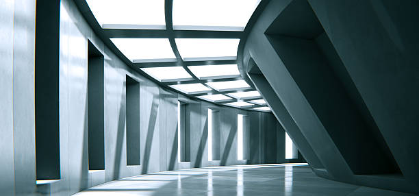Sleek and modern curved concrete hallway illuminated by natural sunlight. The interplay of light and shadow enhances the futuristic architectural style, making it perfect for sci-fi, interior design, and high-tech visualization projects. 3d render