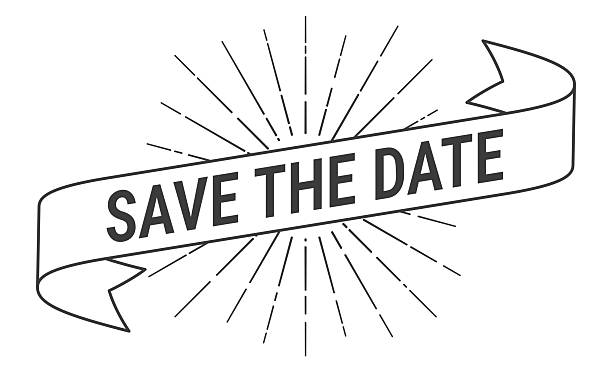Save the Date. Banner, ribbon, label with a thin black outline and light rays. Trendy black and white illustration isolated on a blank background for your own design. Vector Illustration (EPS file, well layered and grouped). Easy to edit, manipulate, resize or colorize. Vector and Jpeg file of different sizes.