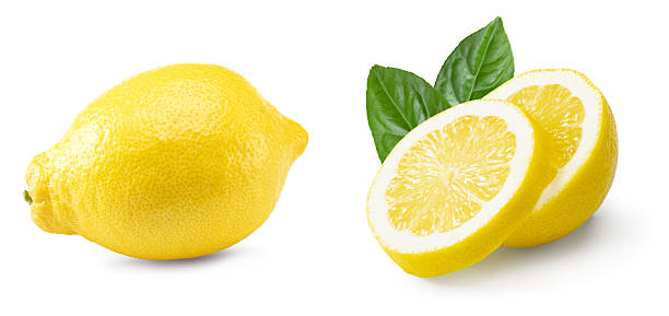 istock sliced lemon with green leaf isolated on white background. clipping path 2216397003