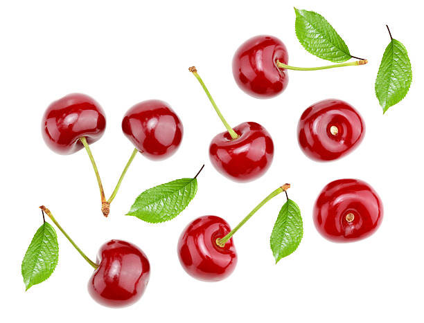 istock red cherry with green leaf isolated on white background. clipping path 2216397013