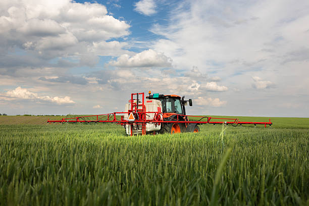 istock Tractor spraying pesticides wheat field. 2216398678