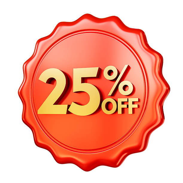 istock Red discount badge 25% OFF isolated on white background. 3D render. 2216400767