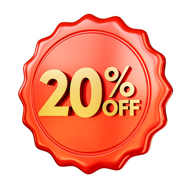 istock Red discount badge 20% OFF isolated on white background. 3D render. 2216400768
