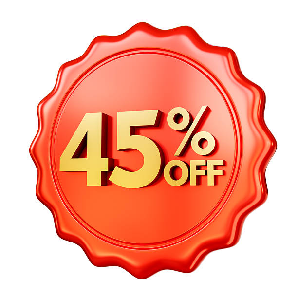 istock Red discount badge 45% OFF isolated on white background. 3D render. 2216400804