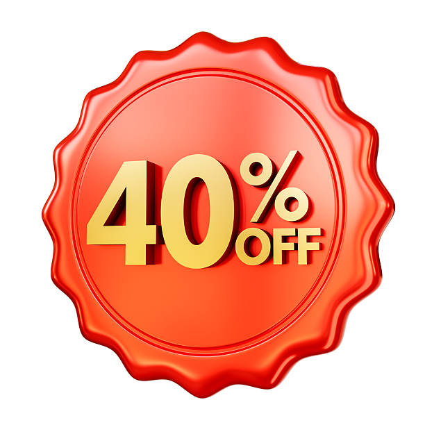 istock Red discount badge 40% OFF isolated on white background. 3D render. 2216400805