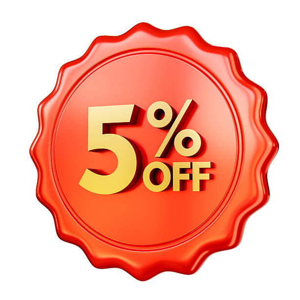 istock Red discount badge 5% OFF isolated on white background. 3D render. 2216400899