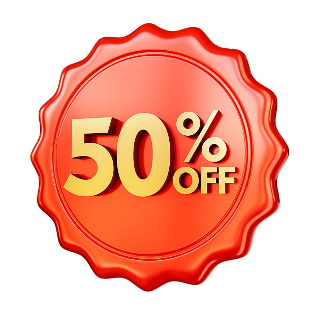 istock Red discount badge 50% OFF isolated on white background. 3D render. 2216400900