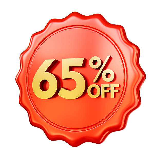 istock Red discount badge 65% OFF isolated on white background. 3D render. 2216400930