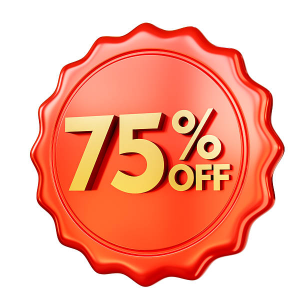 istock Red discount badge 75% OFF isolated on white background. 3D render. 2216401062